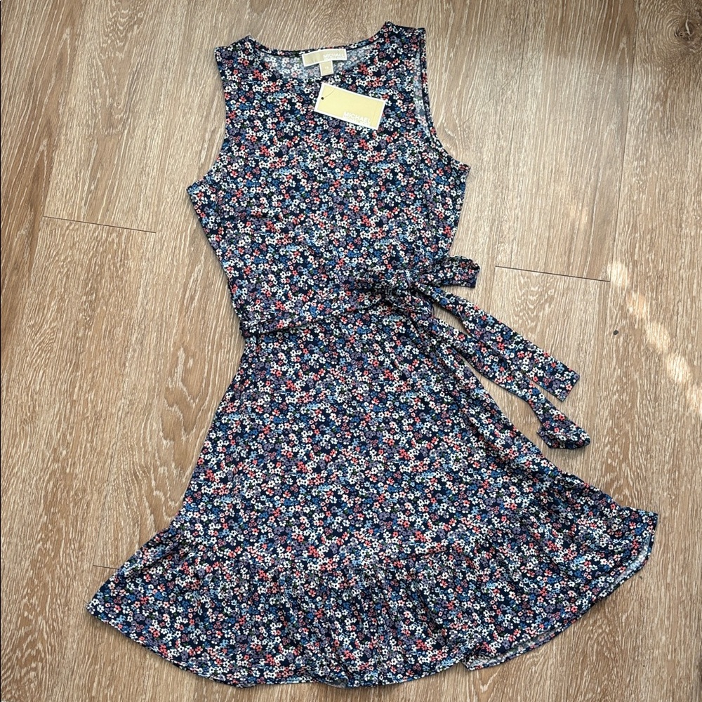 New! Michael Kors pink/purple/blue floral ruffle hem mini dress, size XS